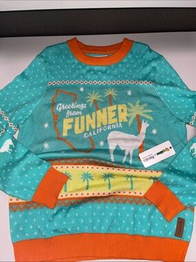Tipsy Elves Teal and Orange "Funner California" Crewneck Sweater size L